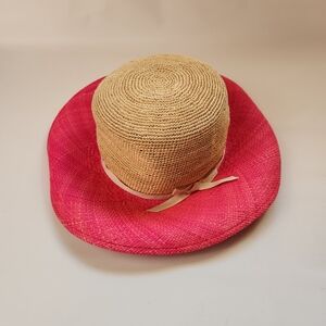 Brooks Brothers Womens Wide Brim Size Med Straw Hat Beige with Pink Rim Beach